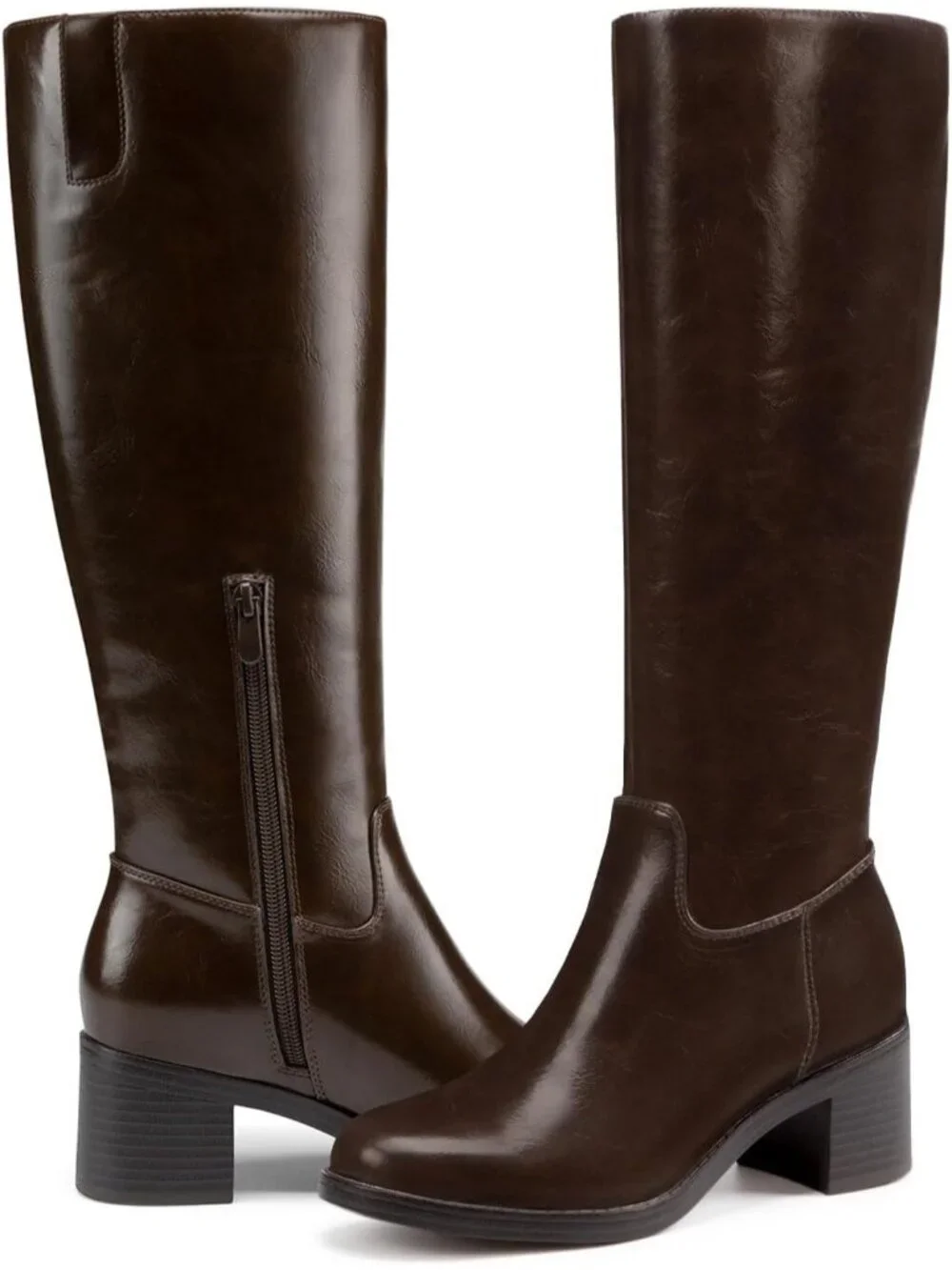 Women's Chocolate Chunky Heel Round Toe Pu Suede Side Zipper Knee High Boots